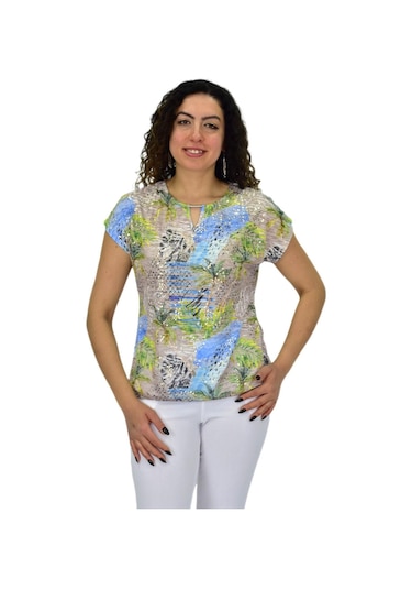 Kadın Kısa Kol Baskılı Bluz Bgl-st04690 Bej