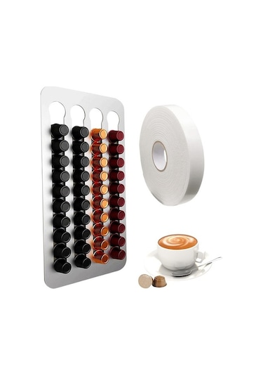 Metabagua Kahve Kapsül Tutucu, Paslanmaz Çelik Kahve Kapsül Tutucu Çift Taraflı Yapışkanlı 40 Kahve Kapsül Organizatör Tutar 1ısnu1 Gümüş