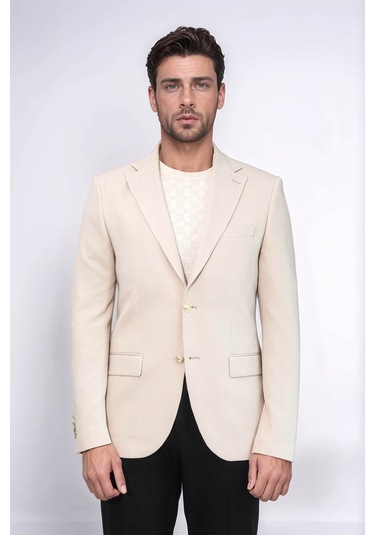 Bej Kendinden Desenli Örme Altın Renk Metal Düğmeli Slim Fit Erkek Blazer Ceket - Wessi Cream