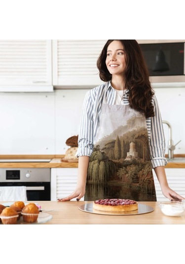 Orman Manzara Detaylı Mutfak Önlüğü Keten Kumaş, Uluslararası Yıkama Ve Solmama Sertifikası Çok Renkli