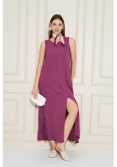 Kadın Sıfır Kol Aerobin Kumaş A Kesim Yırtmaçlı Maxi Yazlık Elbise 3760330 Mor
