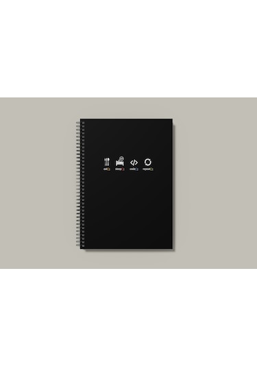 Notebook for Developers - Eat Sleep Code Repeat - Siyah - Kısmi Lak'lı Sert Mukavva Kapak - 100 Yaprak - Kareli - Spiralli Defter
