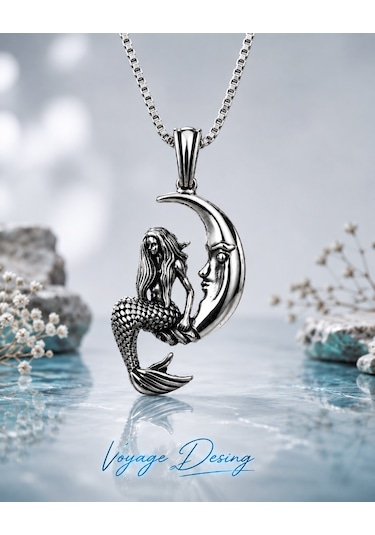 Paslanmaz Çelik Ay Ve Deniz Kızı Temalı Kolye /moon Mermaid Deniz Kızı Kolye