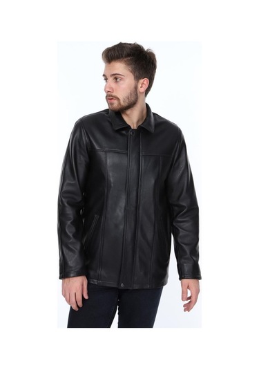 Hakiki Kuzu Derisi Gömlek Yaka Fermuarlı Erkek Deri Ceket Siyah Siyah