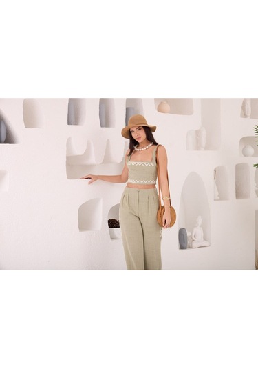 Zikzak Nakış Kalın Askılı Crop Bluz Pantolon 2li Takım Haki