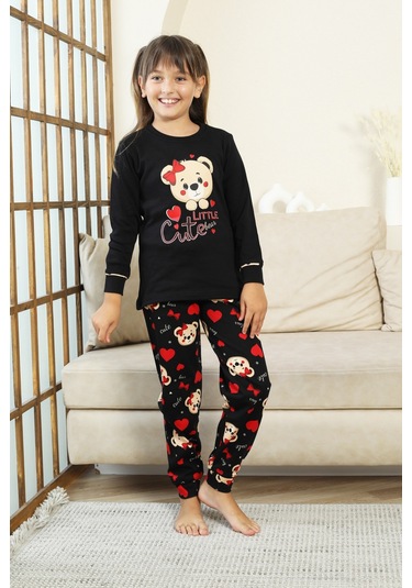 Kız Çocuk Ayıcık Baskılı %100 Pamuk İnterlok Kumaş Pijama Takımı 12347 Siyah