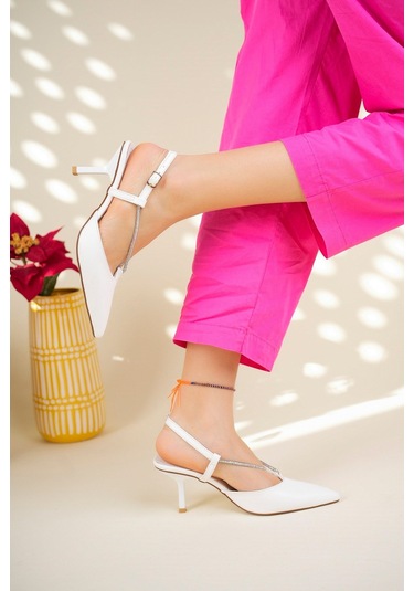 Taş Biyeli Arkası Açık Stiletto Beyaz-4706 Beyaz