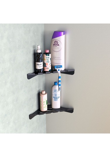 Metal Banyo Köşe Rafı İkili Çift Katlı Modern Duş Köşeliği Siyah Vidalı Siyah