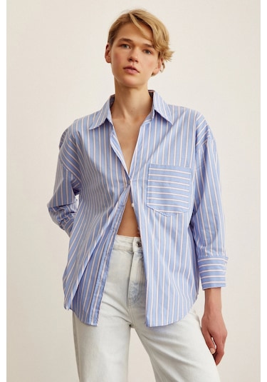 Trendquel Çizgili Poplin Gömlek Mavi Mavi
