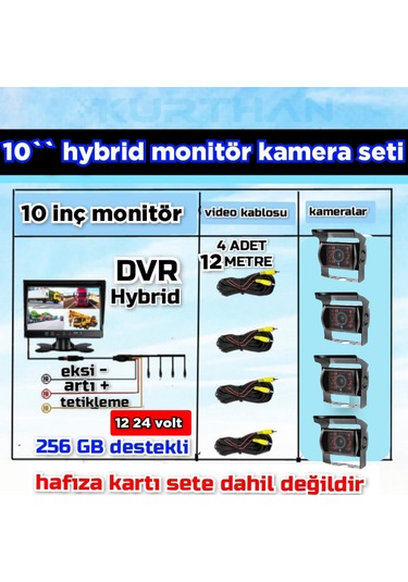 10 İnç Dvr Ekran 4 Adet Metal Kasa Ledli Kamera Set 12 24 Volt