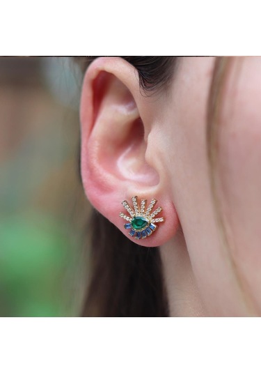 Renkli Taşlı Gold Kaplama Göz Gümüş Küpe Gümüş