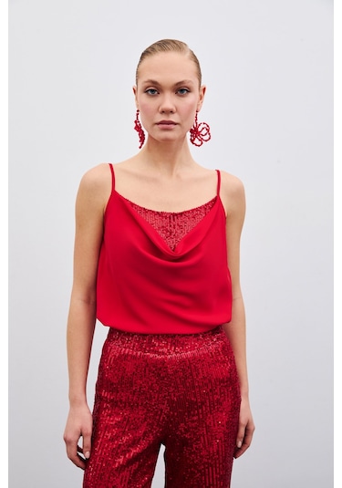 Sateen Degaje Yaka Bluz - Kırmızı-135513 Kırmızı