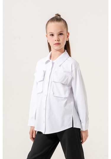 Kız Çocuk Körük Cepli Gömlek 6402 Beyaz