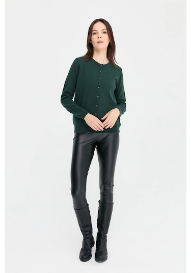 Desen Triko Kadın Sıfır Yaka Triko Yün Hırka 21031 Yeşil Yeşil