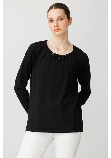 Desen Triko Kadın Sıfır Yaka Dantel Çiçek İşlemeli Ligralı Bluz 25093 Siyah Siyah