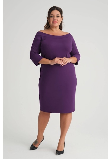Kadın Mor Carmen Yaka Truvakar Kol Büyük Beden Esnek Krep Elbise-mor Mor