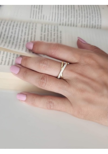 Çapraz X Model Zirkon Taşlı Ayarlanabilir Gold Altın Renkli Yüzük Gold