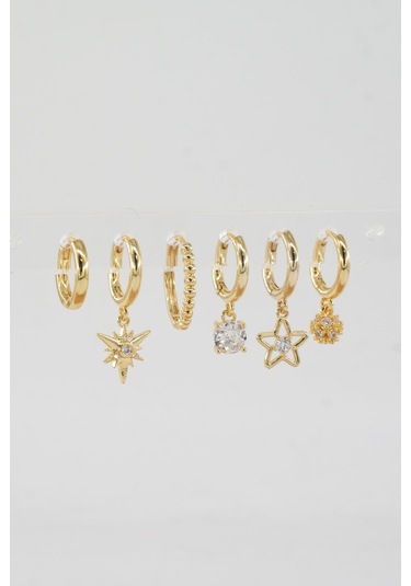 Kadın Vip Seri Özel Tasarım Baget Zirkon Taşlı 6'lı Küpe Seti 031 Sarı