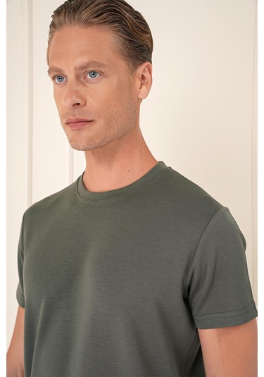 Comfort Fit Bisiklet Yaka Esnek Pamuk Casual Haki Tişört Ts 885 Haki