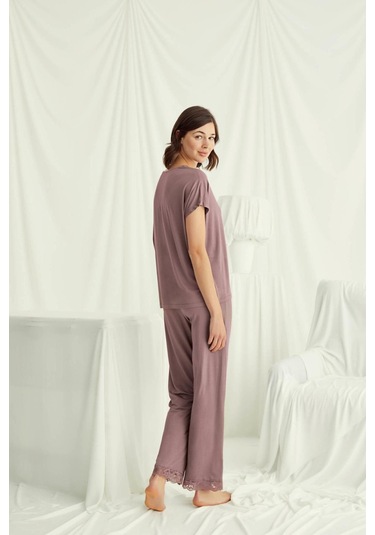 Monamise 18512 Kadın V Yaka Kısa Kollu Pijama Takımı-kahve Kahve