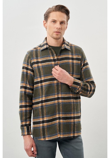 Koyu Haki Yünlü Ekose Desen Yumuşak Yaka Cepsiz Uzun Kol Casual Comfort Fit Gömlek 1004245227 Koyu Haki