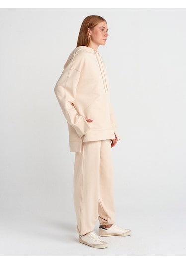 Dilvin 40403 Dikiş Esprili Yırtmaçlı Sweat- Açık Bej