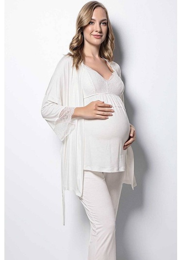 Monamise 18433 Hamile Lohusa Sabahlıklı Pijama Takım - Ekru