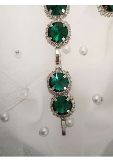 Riviere Kristal Taşlı Çiçek Model Yeşil Renkli Kolye Küpe Set