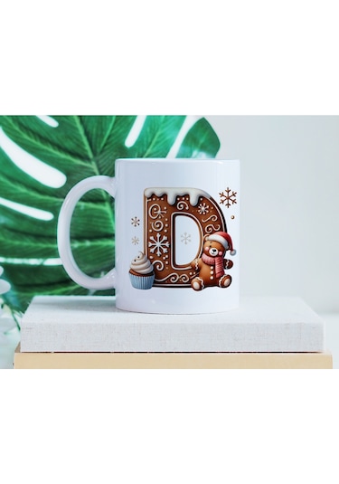 D Kurabiye Harf Ve Ayıcık Detaylı Kupa Bardak - Yeni Yıl / Yılbaşı Temalı Tasarım - Noel Hediye Beyaz