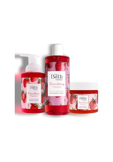 The Bath Factory Çilekli Vücut Peelingi + Çilekli Duş Jeli + Çilekli Köpük Sabun