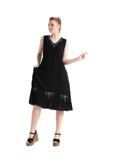 Kolsuz Şile Bezi Mehtap Midi Boy Elbise Siyah Syh-siyah