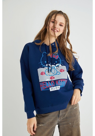 Hello Kitty Lisanslı Baskılı Kapüşonlu Lacivert Sweatshirt Renkli