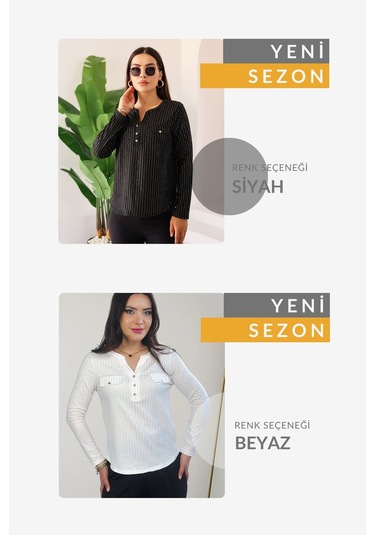 Lupinn Moda Kadın Siyah Simli /sim Parlak Çizgili Cep Detaylı Uzun Kollu Bluz Siyah