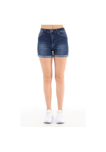 Cedy Denim Kadın Yüksek Bel Duble Paça Kot Şort Klasik Mini Jean Şort C604 Lacivert
