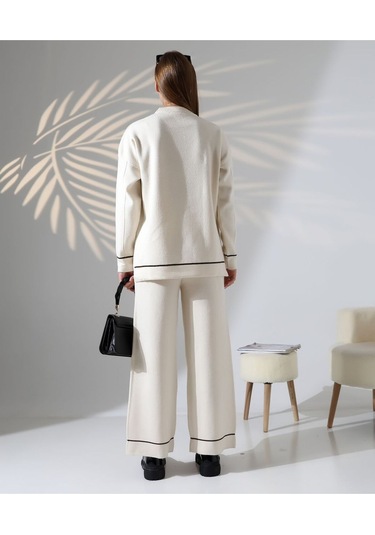 Kontrast Dikişli Kadın Triko Takım Taş