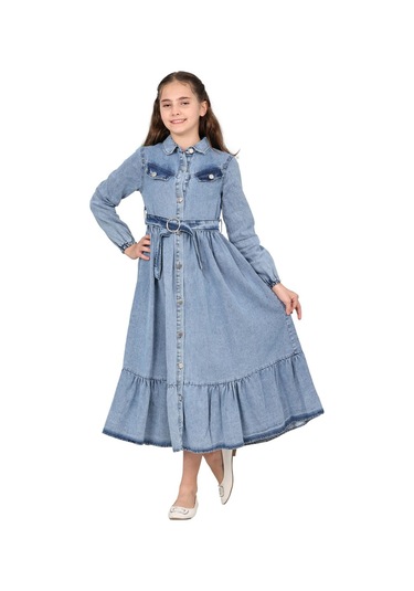 Kız Çocuk Kot Elbise Denim Kumaş Pamuklu Uzun Kot Jean Elbise Buz Mavi