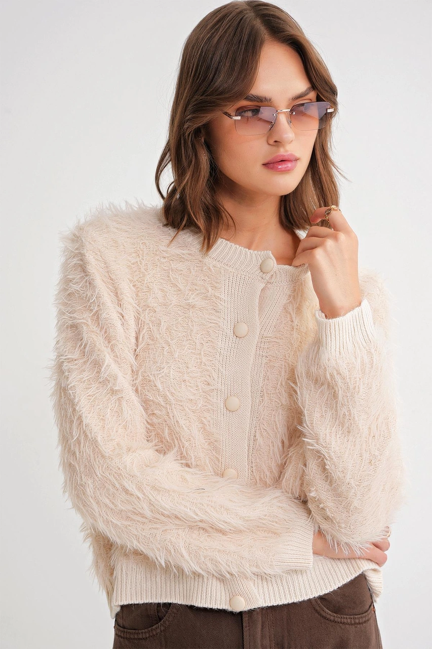 6897 Kadın Uzun Sakallı Bant Detaylı Triko Hırka Naturel Naturel