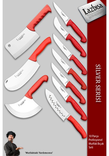 Silver Pro Seri Mutfak Bıçak Seti 10 Parça Et Börek Şef Bıçağı Kırmızı