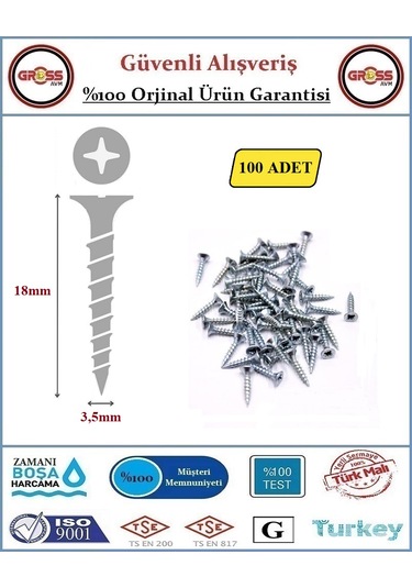 Sunta Vidası - Sivri Uçlu Ahşap Sunta Vidası - 3.5x18mm - 100 Adet 3,5X18
