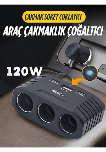 3 Lü Çakmak Soketi 120w Çakmaklık Çoğaltıcı 2 Usb 1 Type-c Araç Şarj Cihazı Çakmak Çoklayıcı