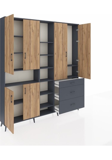 Arges Dolap 13 Raflı 3 Çekmeceli 6 Kapaklı 220x30x243 Antrasit-çam/antrasit Atlas Çam/antrasıt