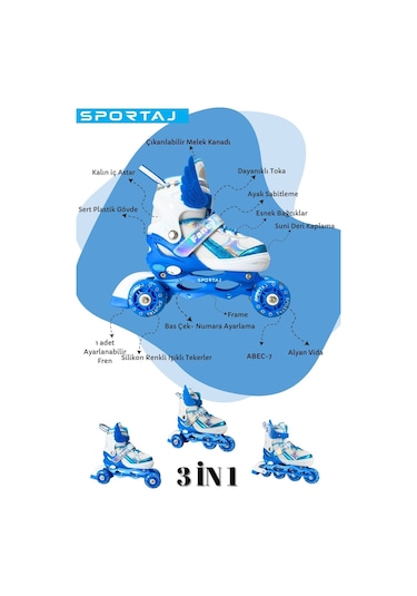 Melek Kanatlı Işıklı Çocuk Pateni Silikon Teker Ayarlanabilir Paten Taşıma Çantalı Mavi Mavi