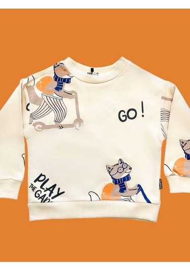 Erkek Çocuk Go Yazılı Sweatshirt-14665 Krem