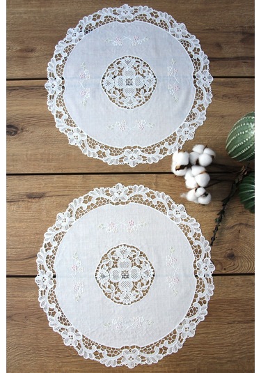 2' Li Amerikan Servis Supla Dantel İşlemesi Görünümlü 40 Cm Yuvarlak Beyaz