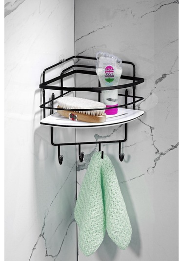 Tekli Yapışkanlı 4 Kancalı Banyo Duş Köşe Rafı – Ayarlanabilir Kristal Raf (Yapıştır/Vidala) Siyah-Beyaz - LK-01 - SBSK