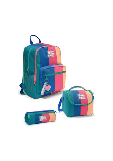 Coral High Renkli Çizgili 3 Lü Okul Çanta Seti Set0123679 Turuncu - Yeşil