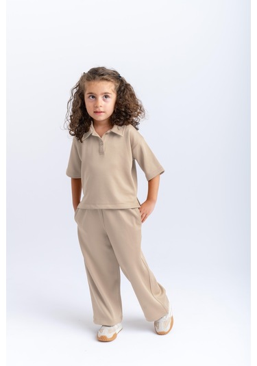 Oliventhekid Unisex Polo Yaka Bol Paçalı Takım Bej Bej