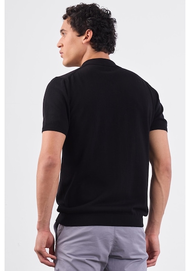 Siyah Polo Fermuar Yaka Düz Kısa Kollu Slim Fit Erkek Triko Siyah