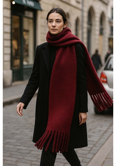 Kadın Püskül Detay Atkı Omuz Şalı 40x200 Cm 1295 Bordo Bordo