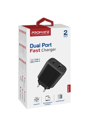 Promate BiPlug-2 17W Yüksek Hızlı Şarj Cihazı, 5V/3A Type-C, 5V/2,4A USB Duvar Şarj Adaptörü, Aşırı Şarj Koruma